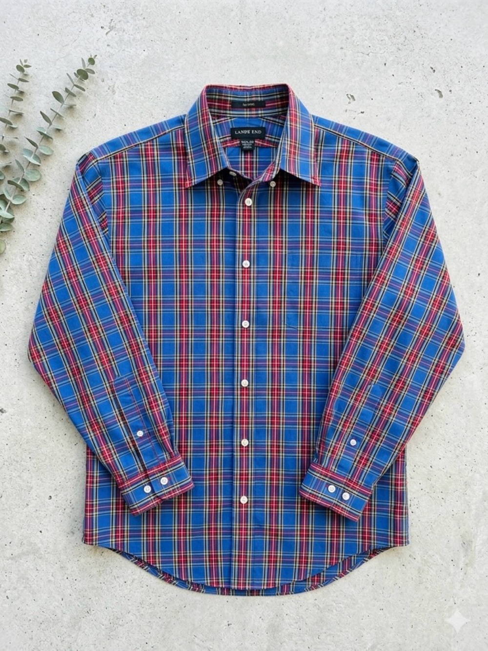 Lands' End Men's No Iron Tailored Fit Tartan Plaid Button Down Shirt 15.5 32
